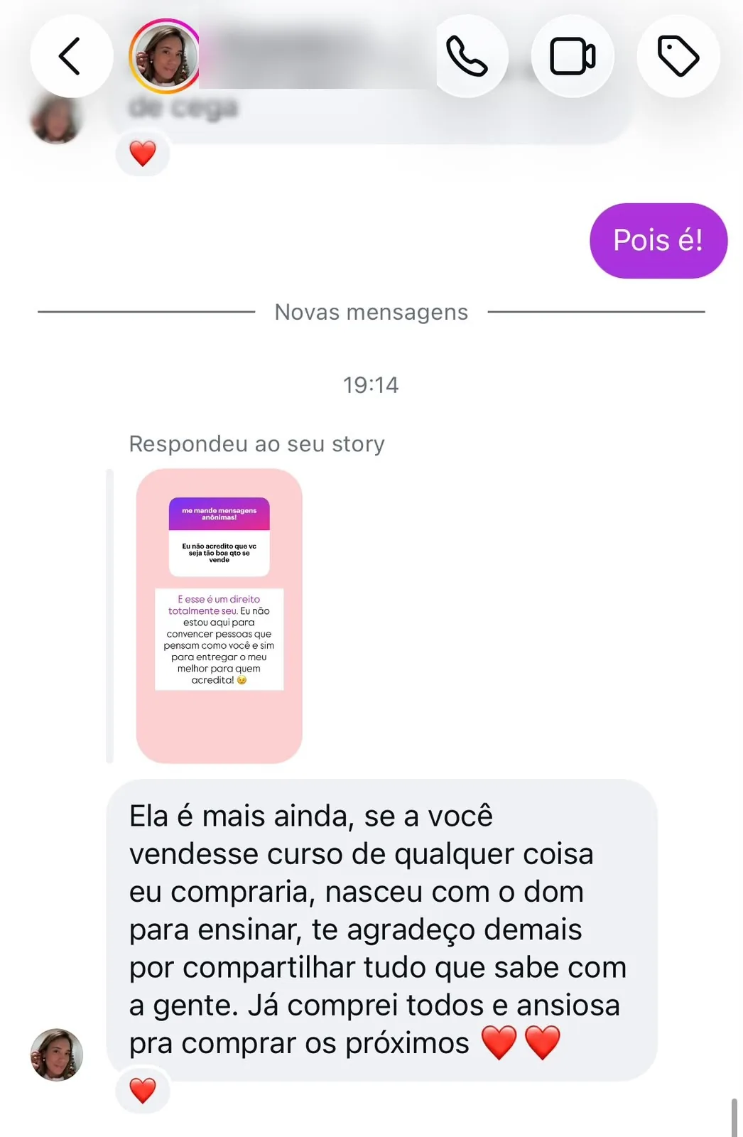 Mensagem de aluna sobre o curso