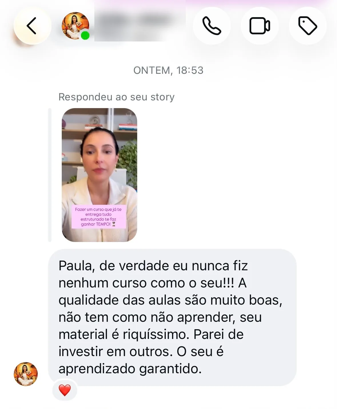 Mensagem de aluna sobre o curso