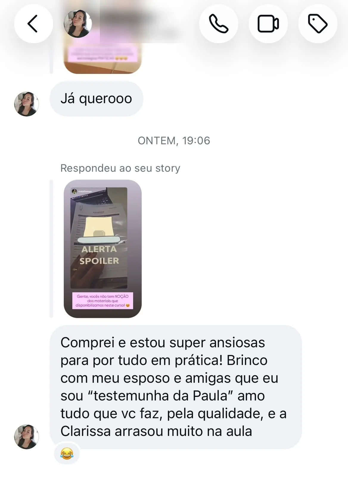 Mensagem de aluna sobre o curso