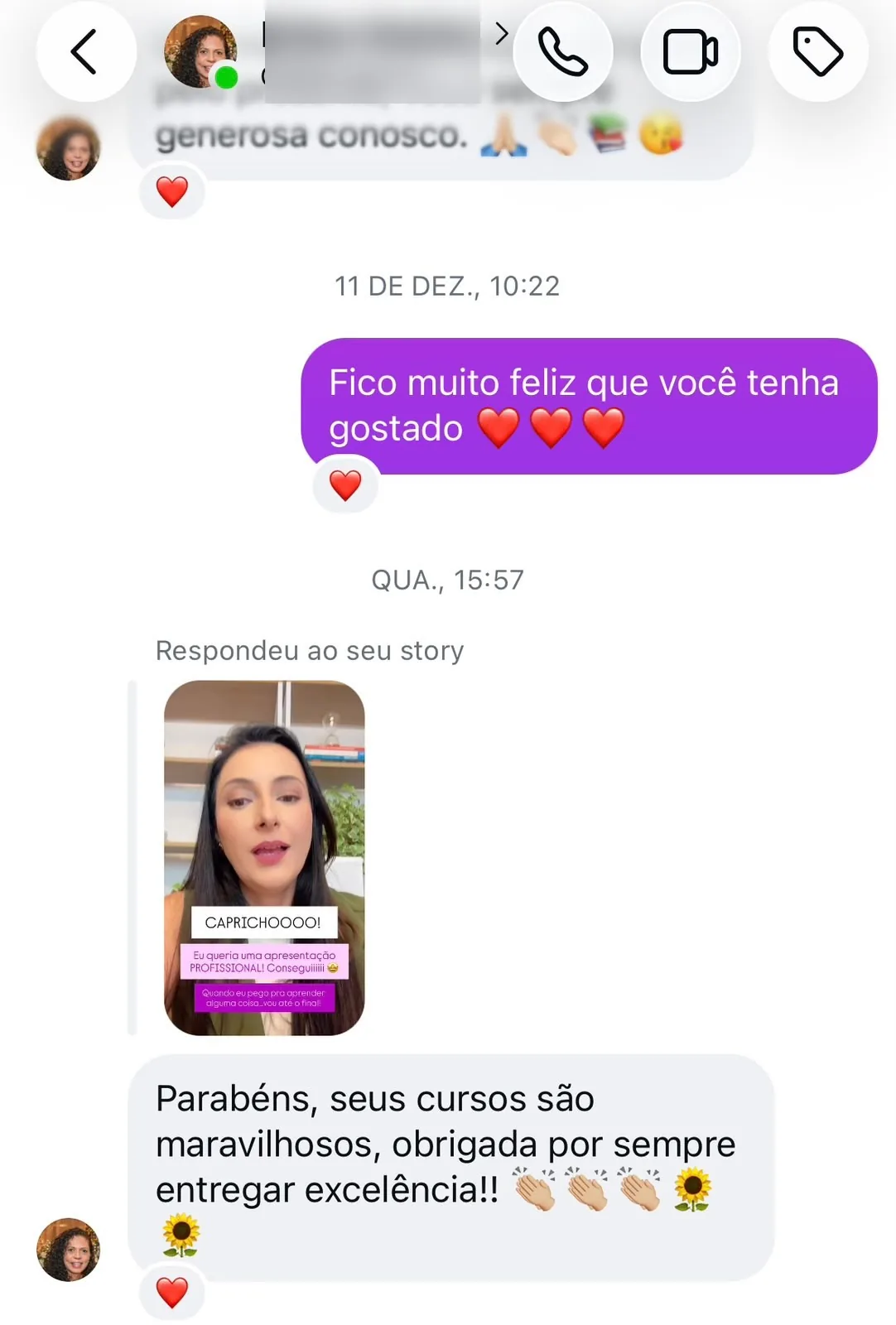 Mensagem de aluna sobre o curso