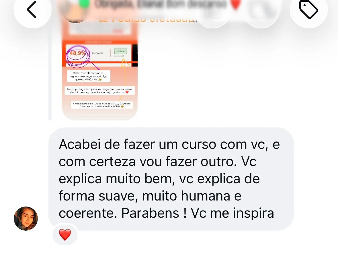 Mensagem de aluna sobre o curso