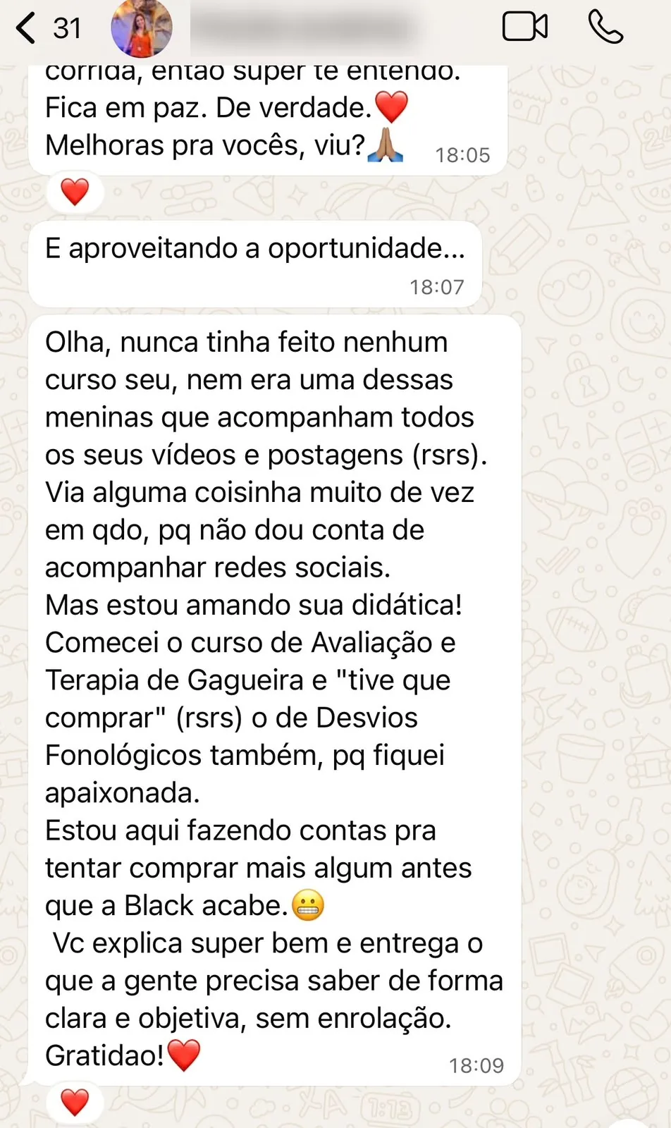 Mensagem de aluna sobre o curso